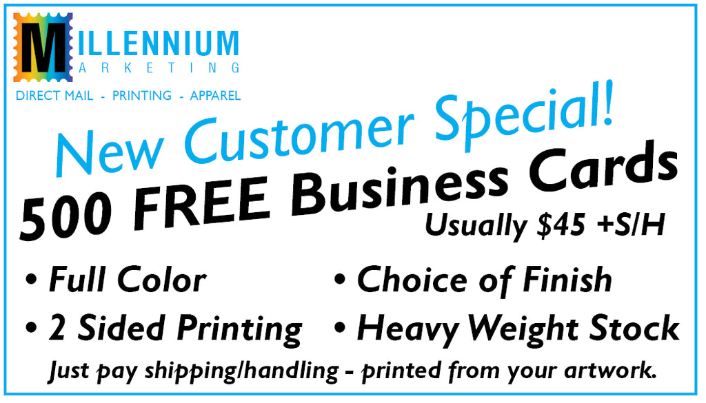 500 FREE BUSINESS CARDS Millennium Marketing and Apparel