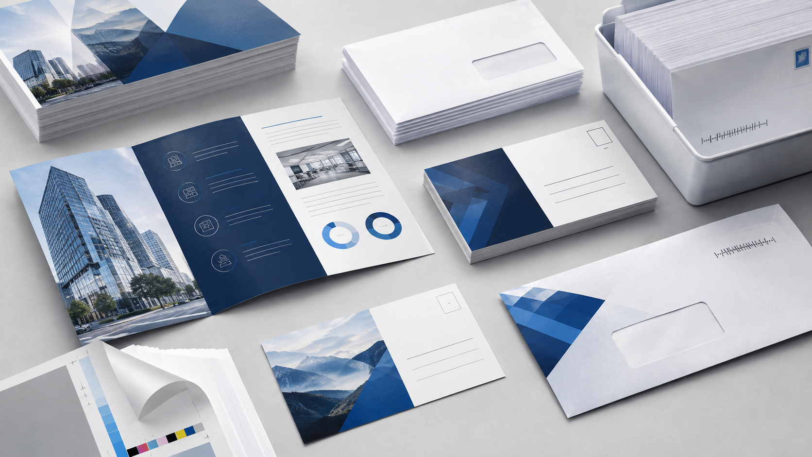 Printed brochures, postcards, envelopes, and mailing materials